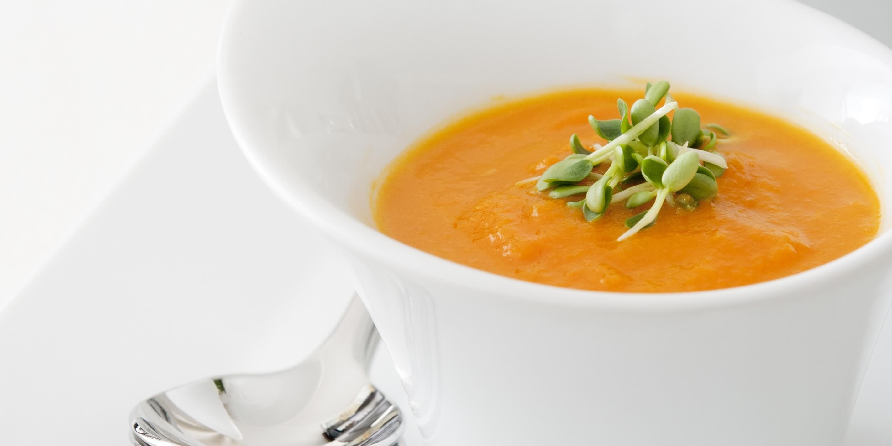 A close up shot of Chez Nous Corporate Catering pumpkin soup, displayed in white bowl and sprinkled with sunflower shoots.